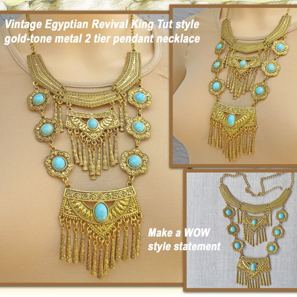 VTG Egyptian Revival King Tut style gold-tone metal 2 tier pendant necklace, WOW